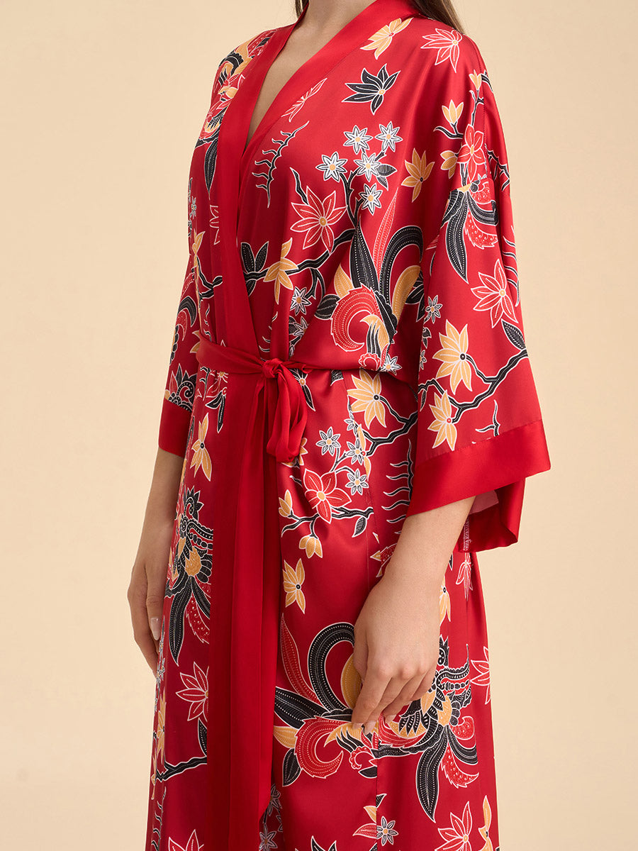 Oriental Floral Satin Kimono Robe