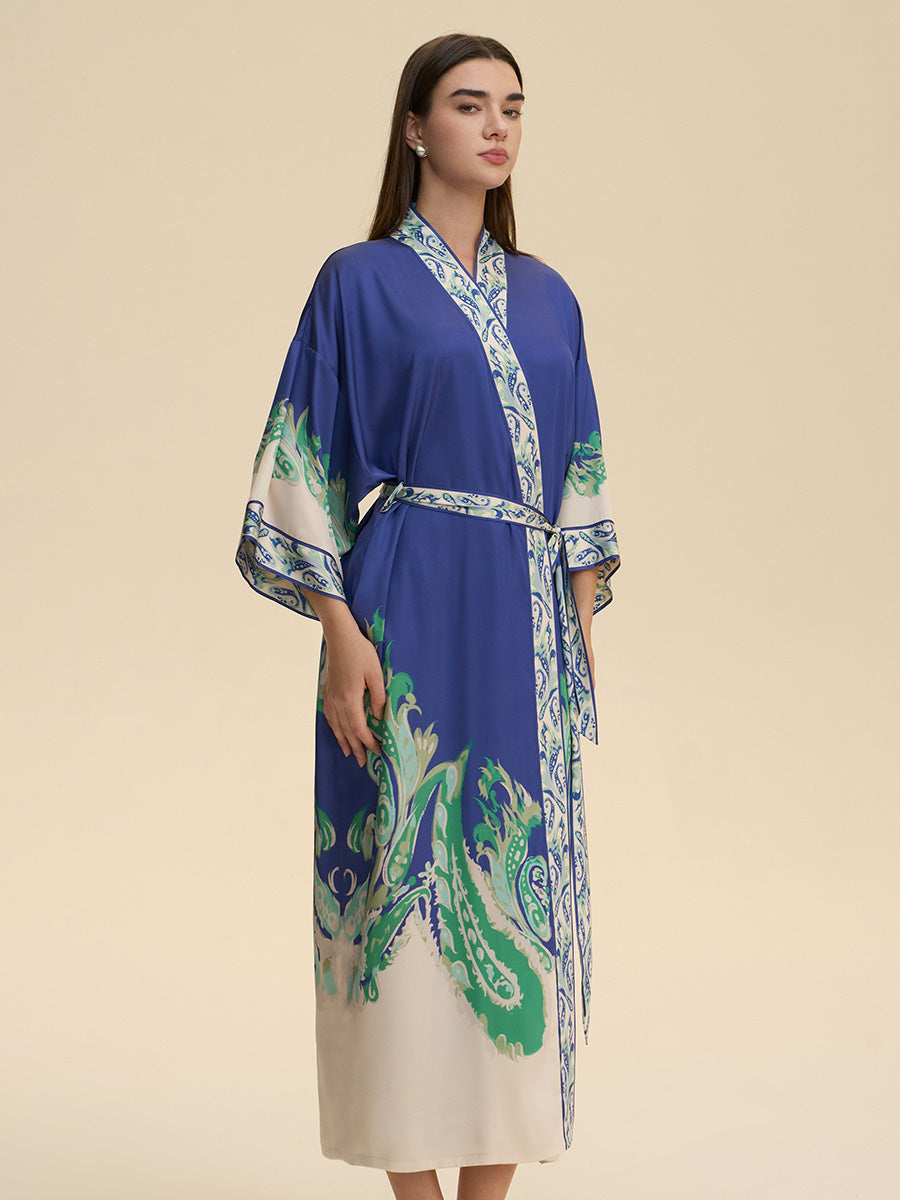 Royal Blue Paisley Satin Kimono Robe
