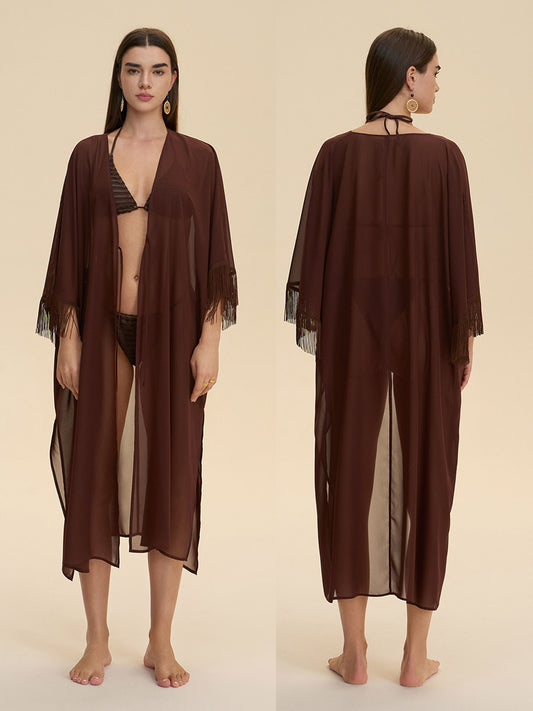 Fringe Trim Sheer Cover-Up Robe