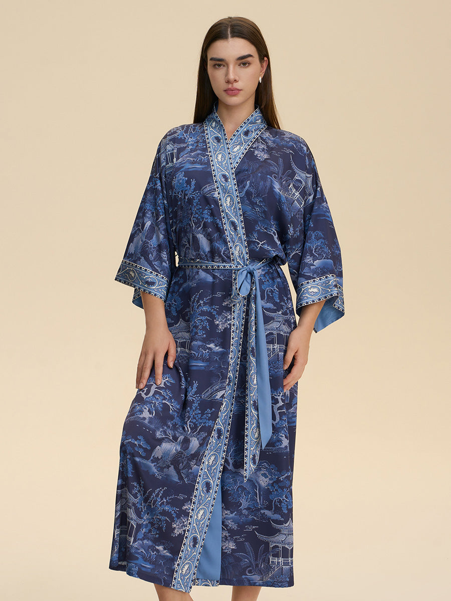 Blue Willow Landscape Satin Kimono Robe