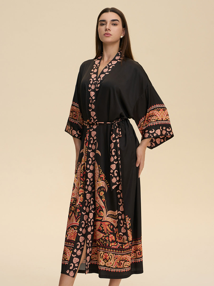 Black Paisley Satin Kimono Robe