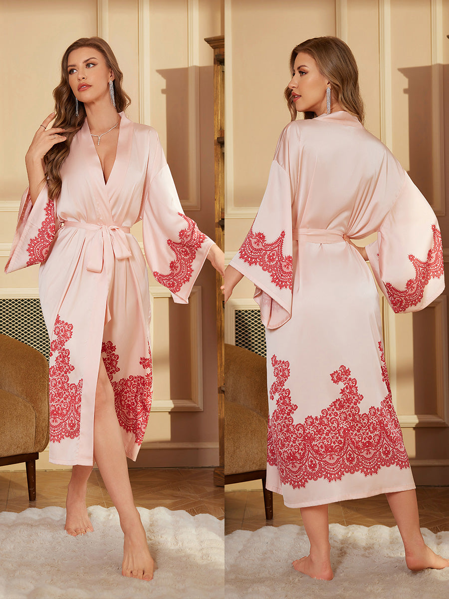 Pink Lace Satin Kimono Robe