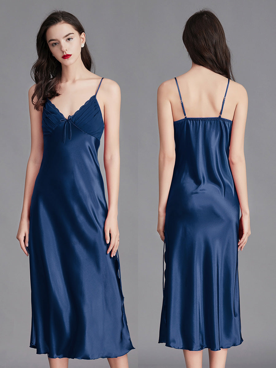 Navy Blue Satin Lace Trim Slip Dress