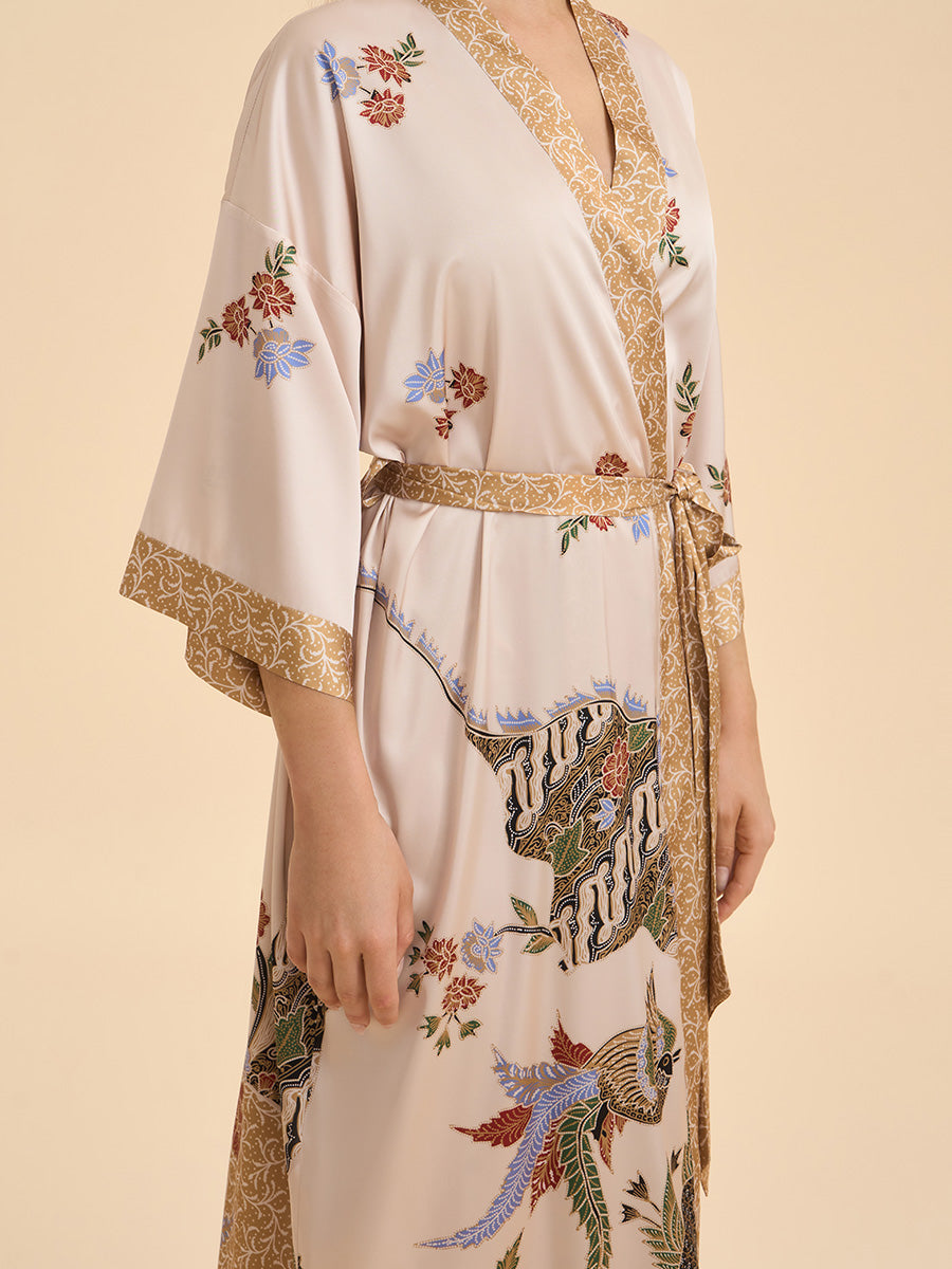 Oriental Bird & Floral Satin Kimono Robe