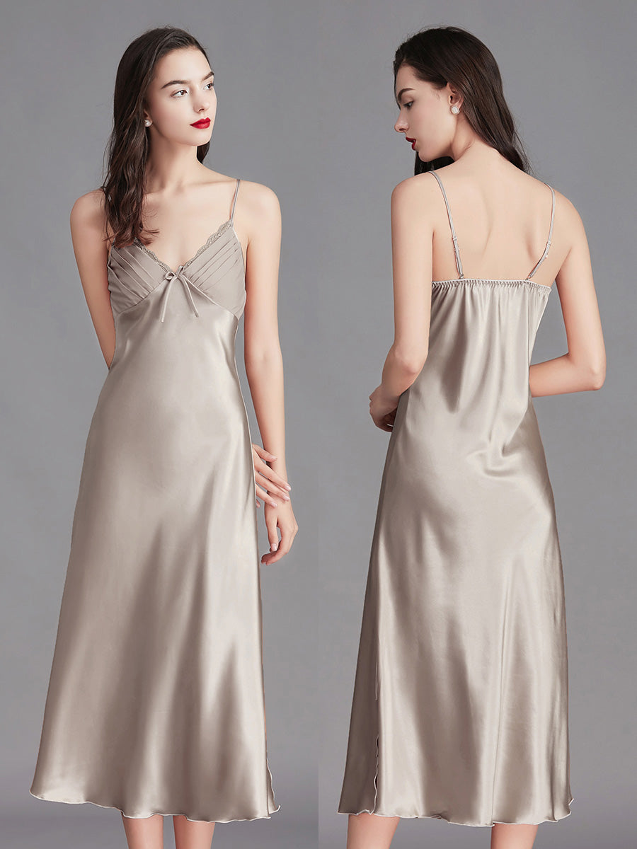 Light Grey Silky Lace Trim Slip Dress