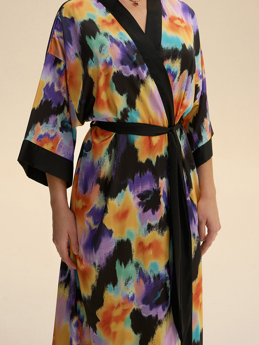 Tie-Dye Floral Satin Kimono Robe