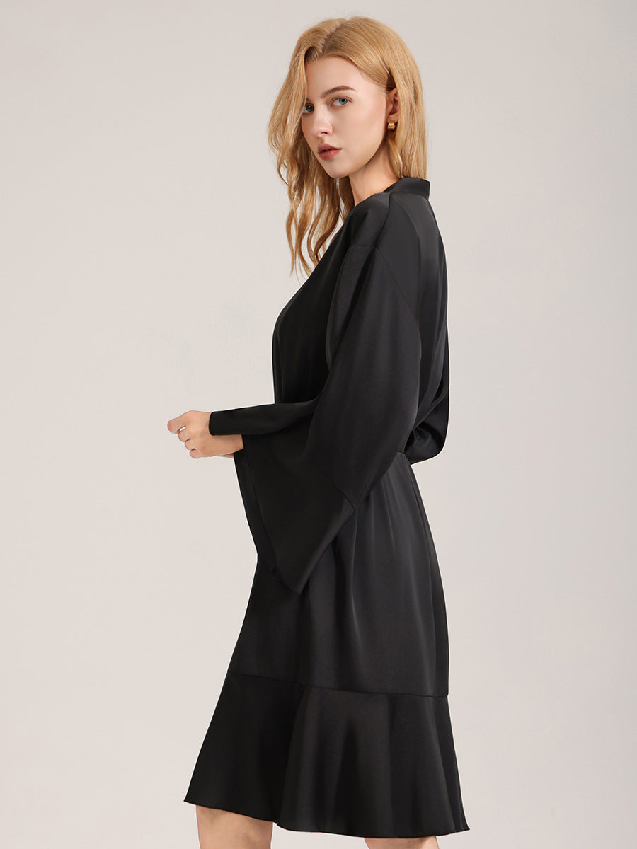 Black Satin Ruffle Hem Robe