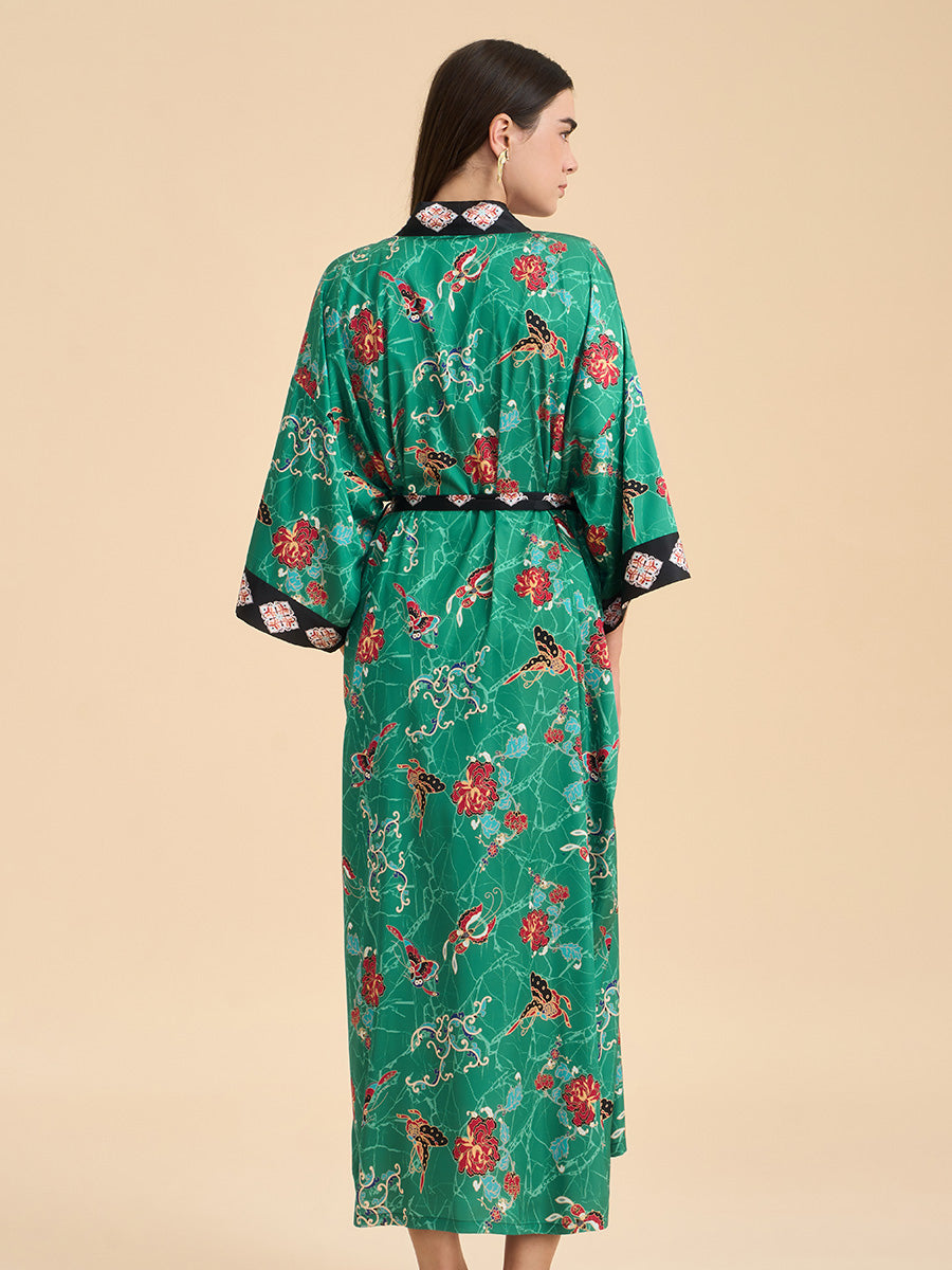 Green Floral Butterfly Satin Kimono Robe