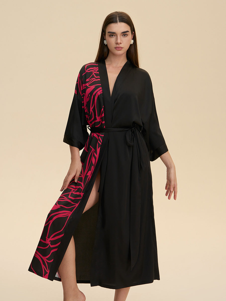 Colorblock Botanical Satin Kimono Robe