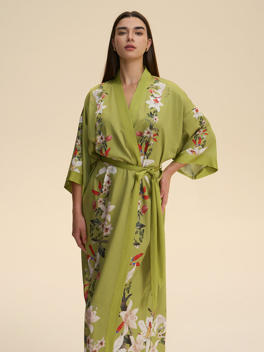 Lily Print Satin Kimono Robe