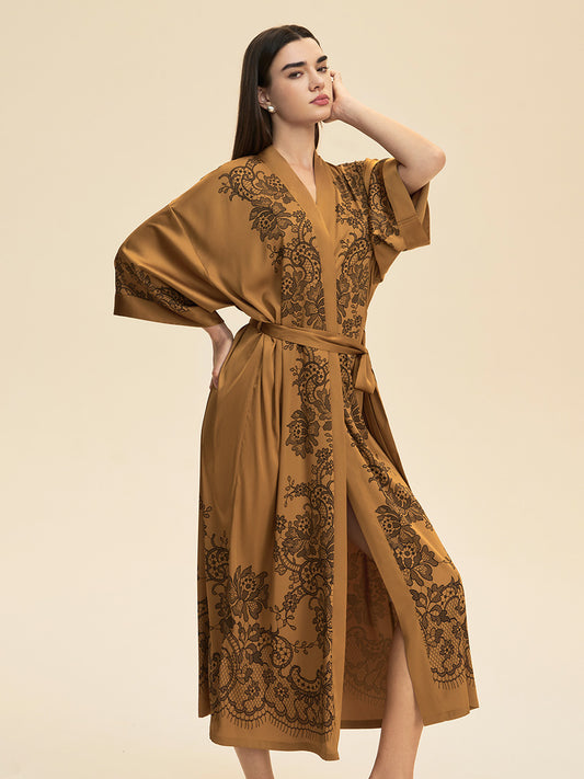 Lace Print Satin Kimono Robe