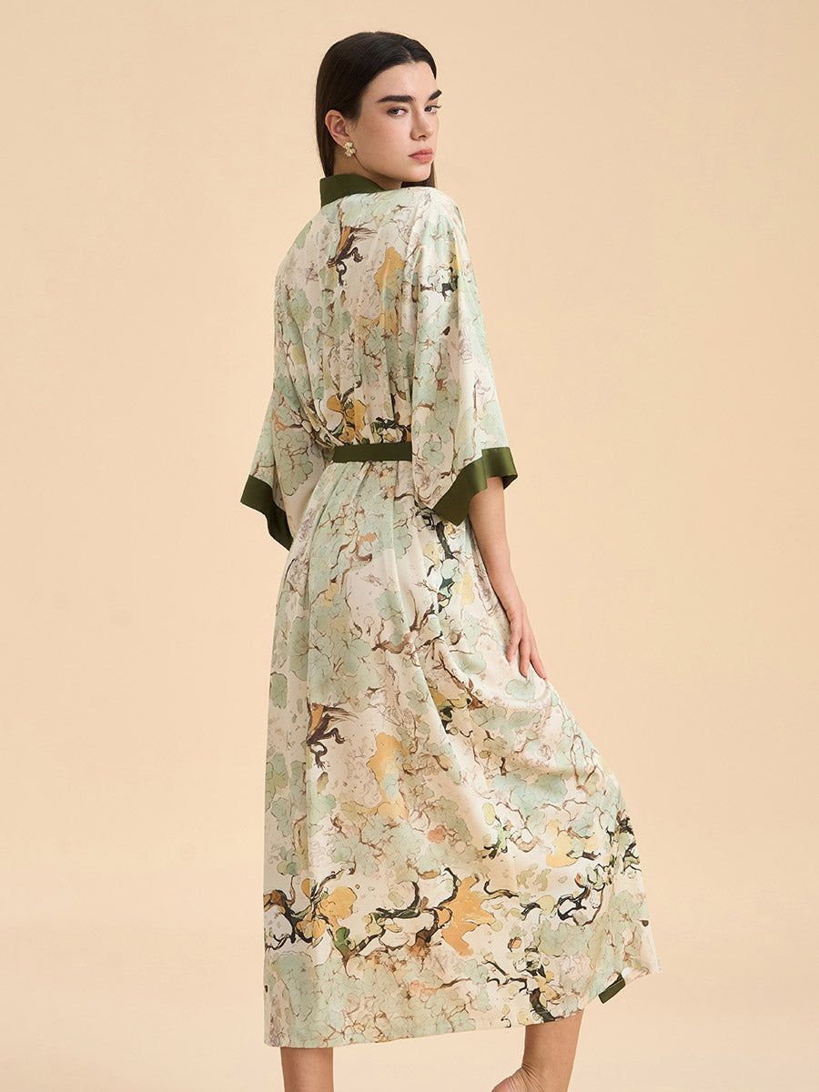 Ink Wash Botanical Satin Kimono Robe
