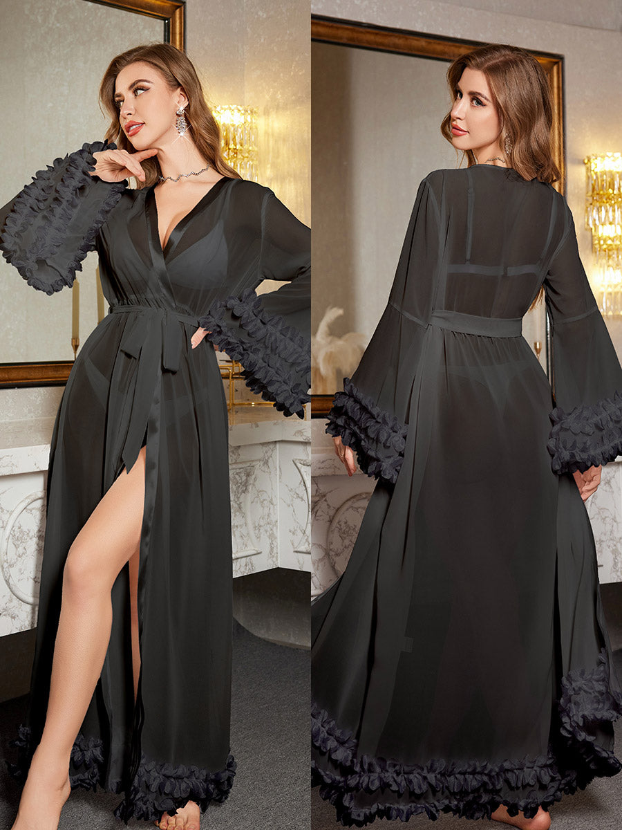 Sheer Ruffle Trim Robe with Bell Sleeves