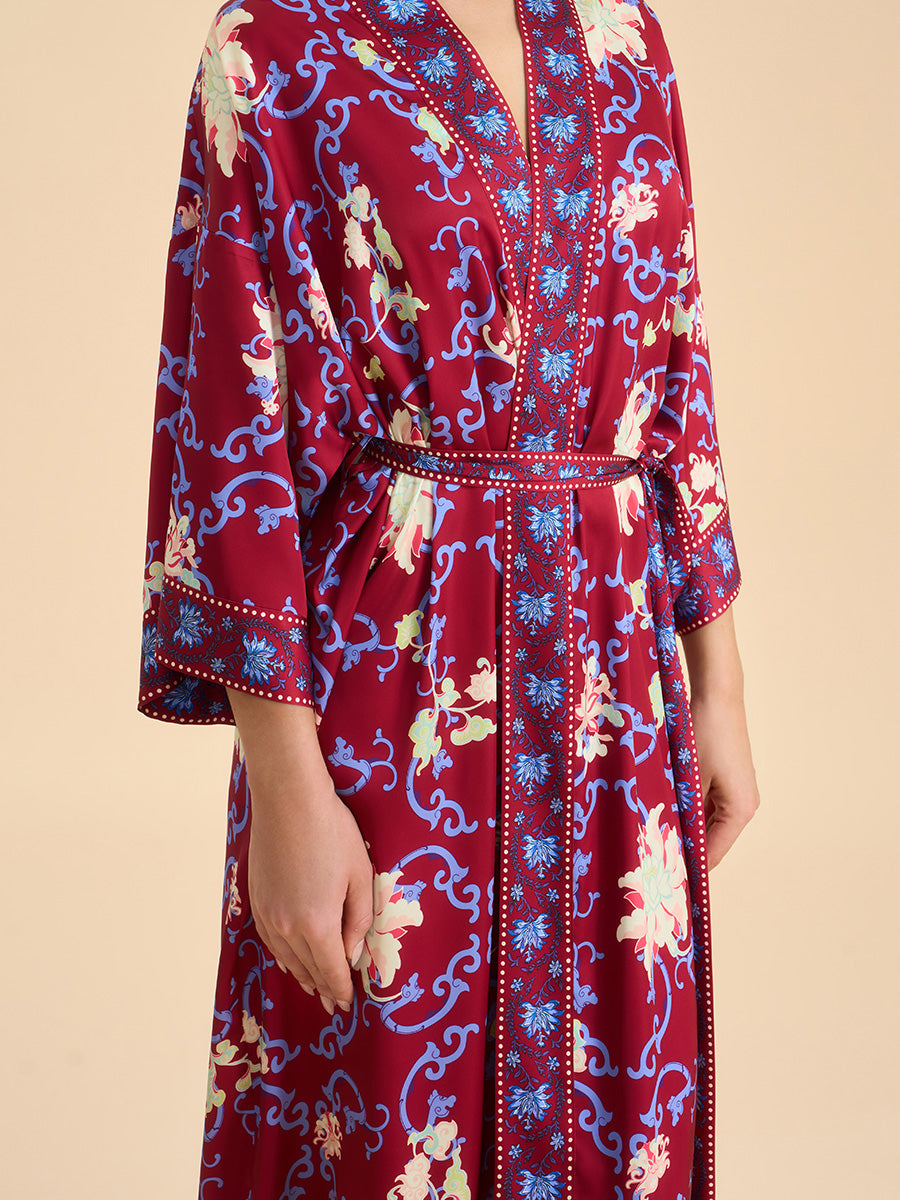 Crimson Floral Satin Kimono Robe