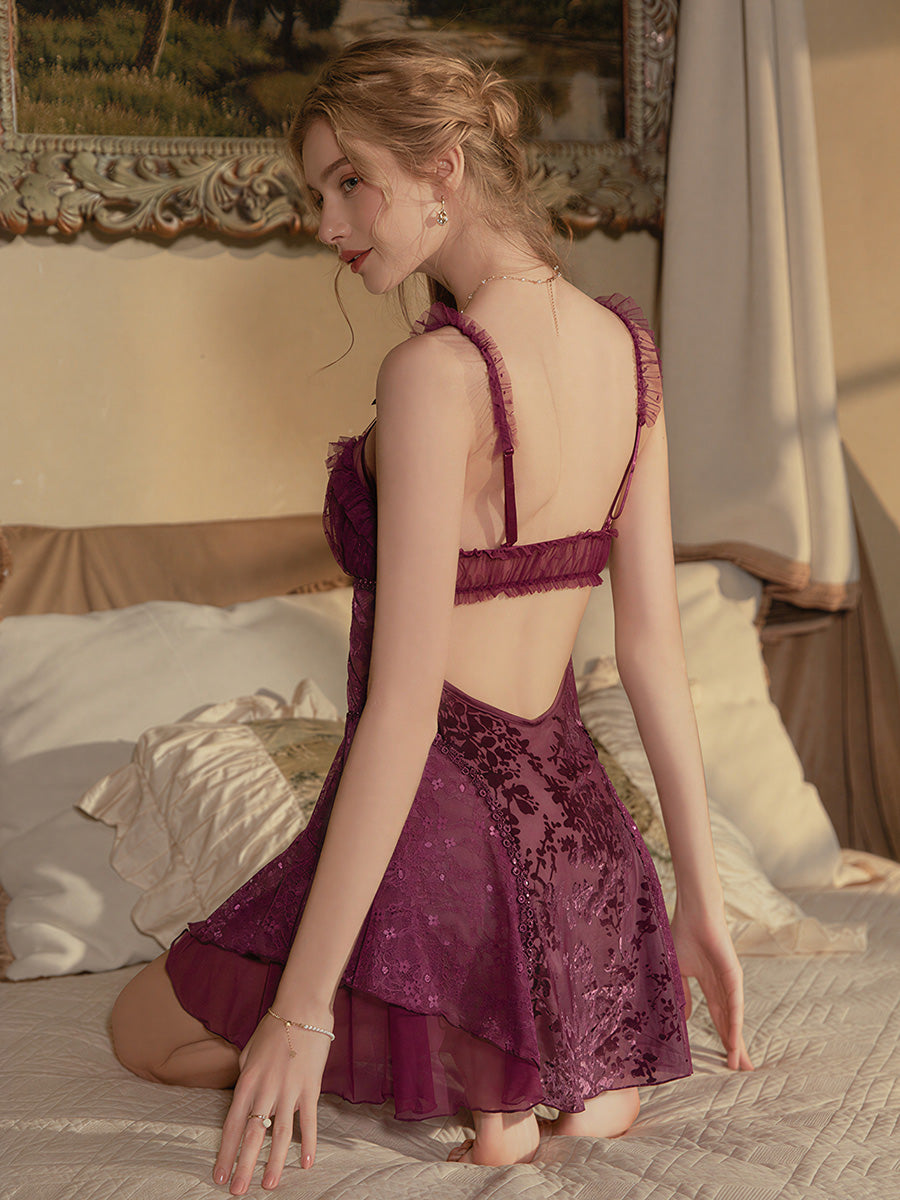Dark Plum Lace Nightgown Robe Set