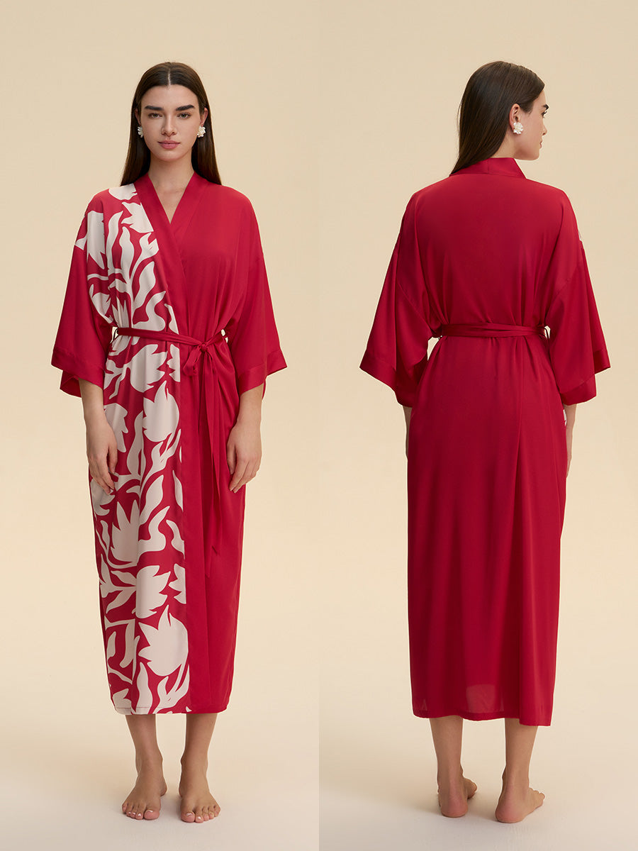 Colorblock Floral Satin Kimono Robe