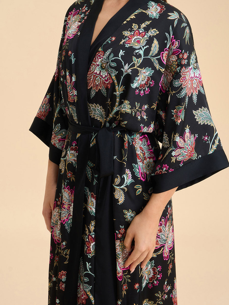Midnight Floral Satin Kimono Robe