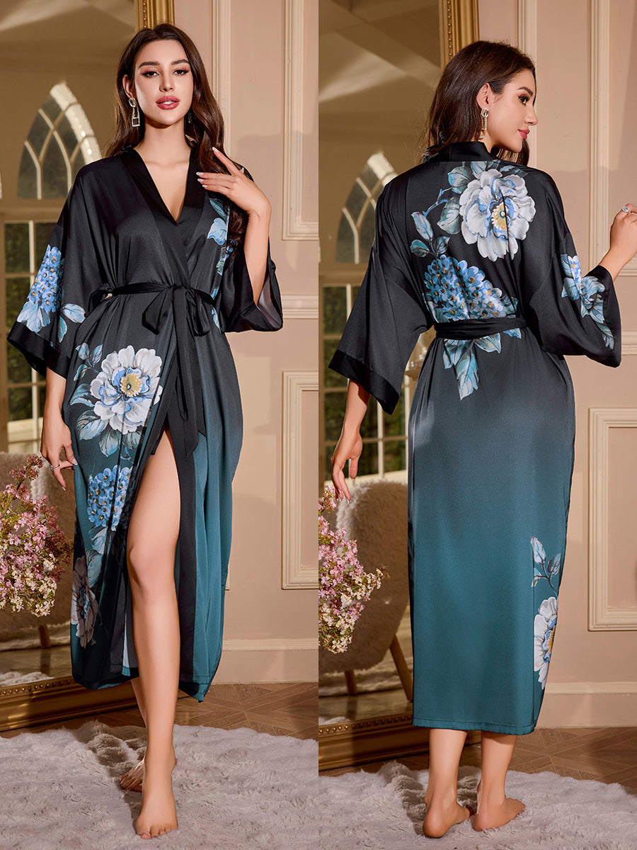 Gradient Floral Satin Kimono Robe