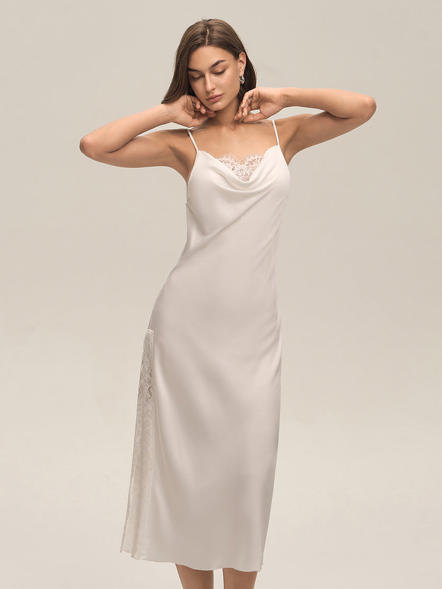Ivory Cowl Neck Lace Satin Midi Slip Dress