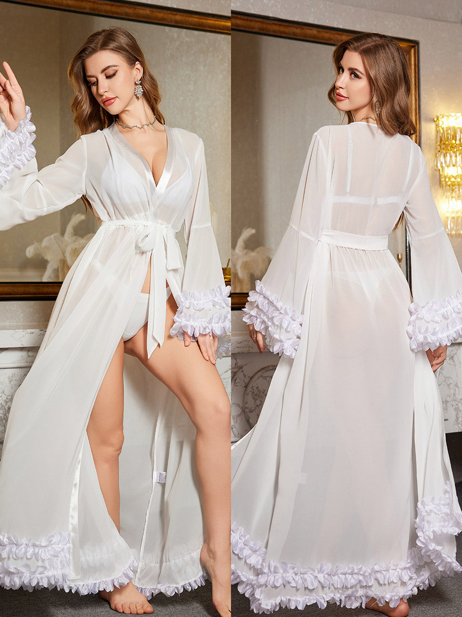 Sheer Ruffle Trim Robe with Bell Sleeves