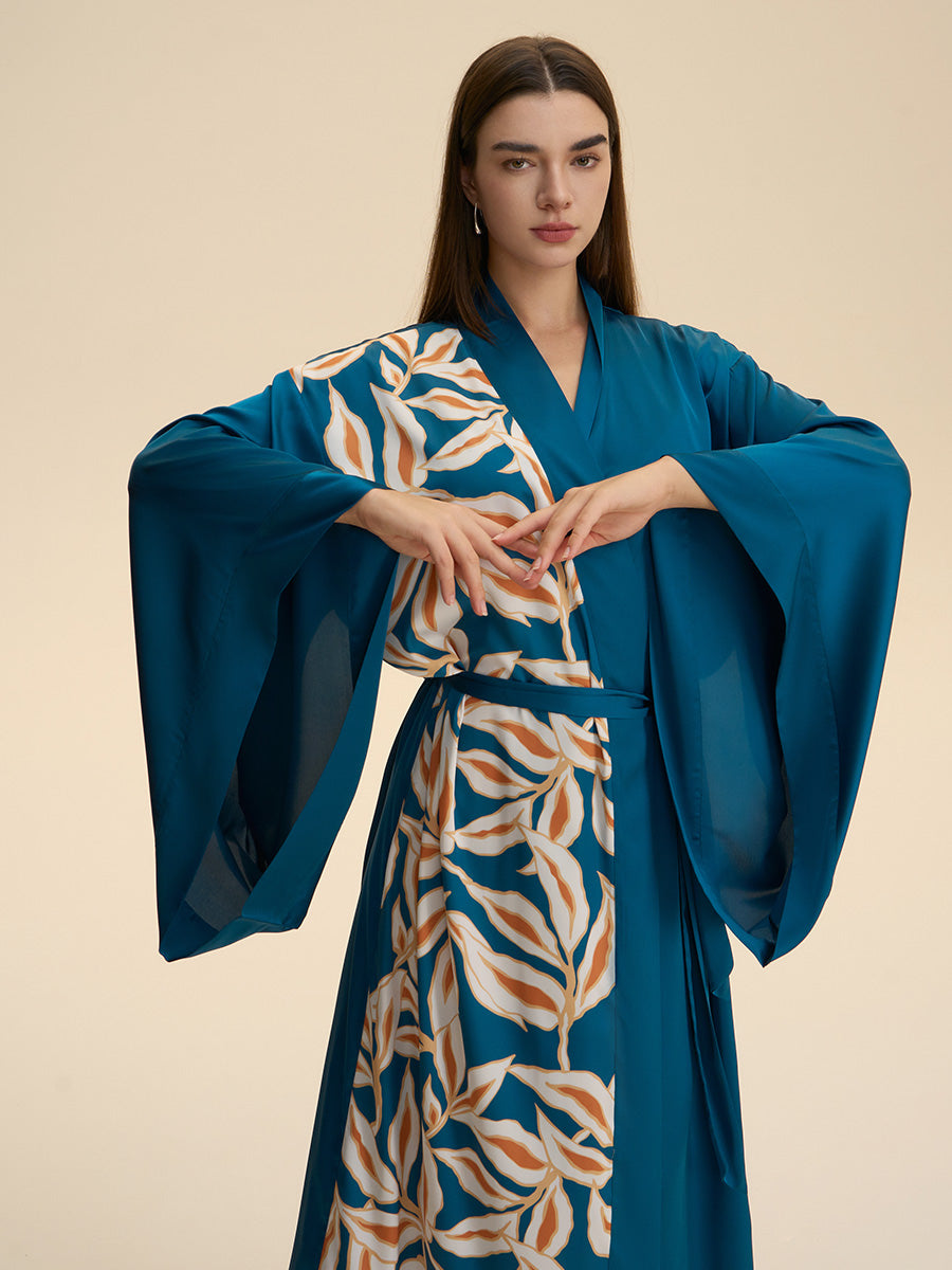 Teal Leaf Print Satin Kimono Robe