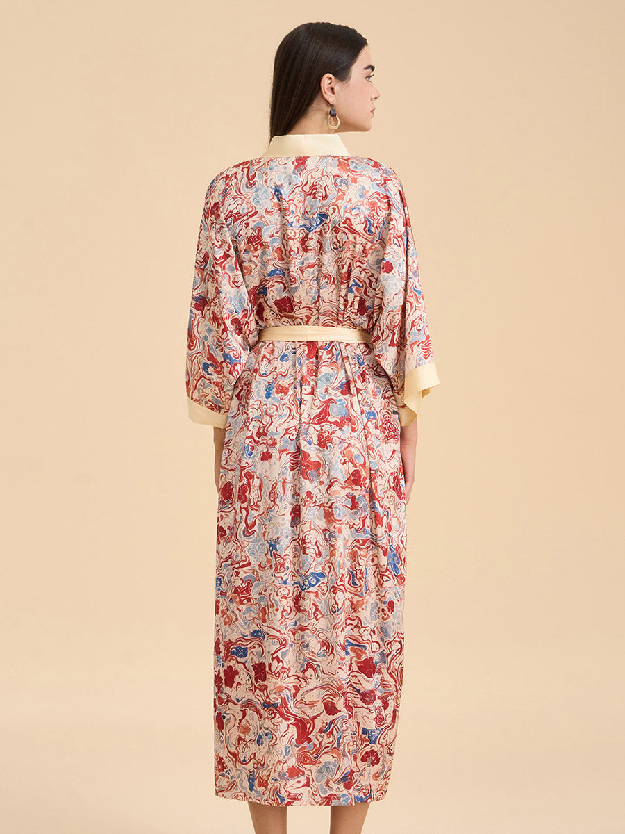 Artistic Marble Print Satin Kimono Robe