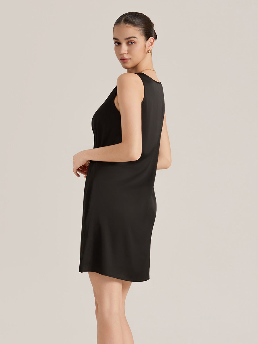 Black Satin Sleeveless Shift Dress