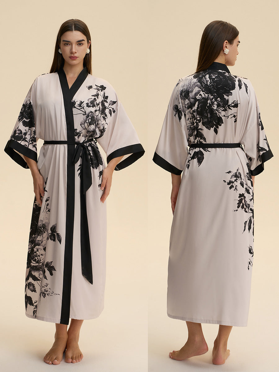 Monochrome Floral Satin Kimono Robe