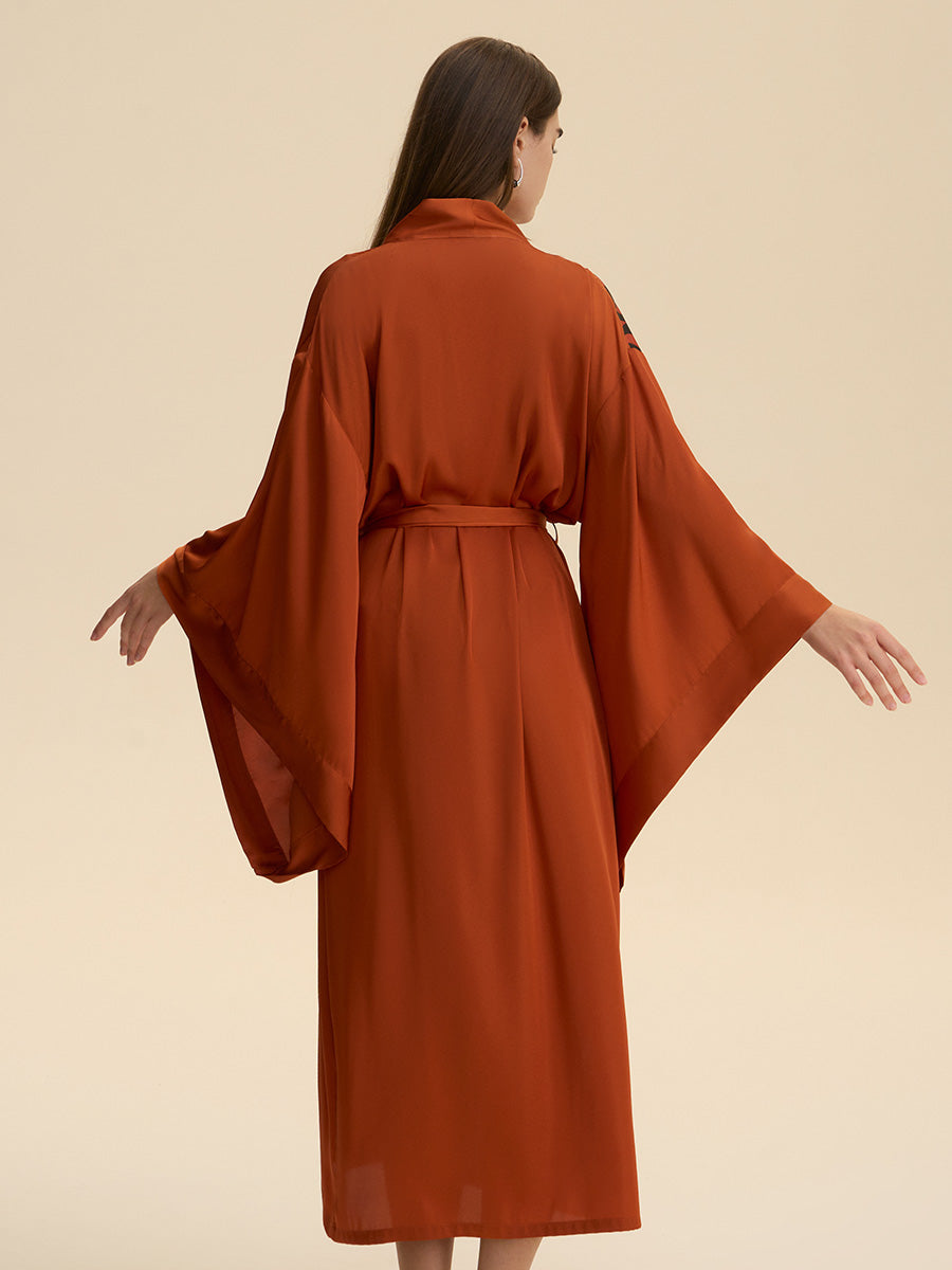 Rust Abstract Stripe Print Satin Kimono Robe