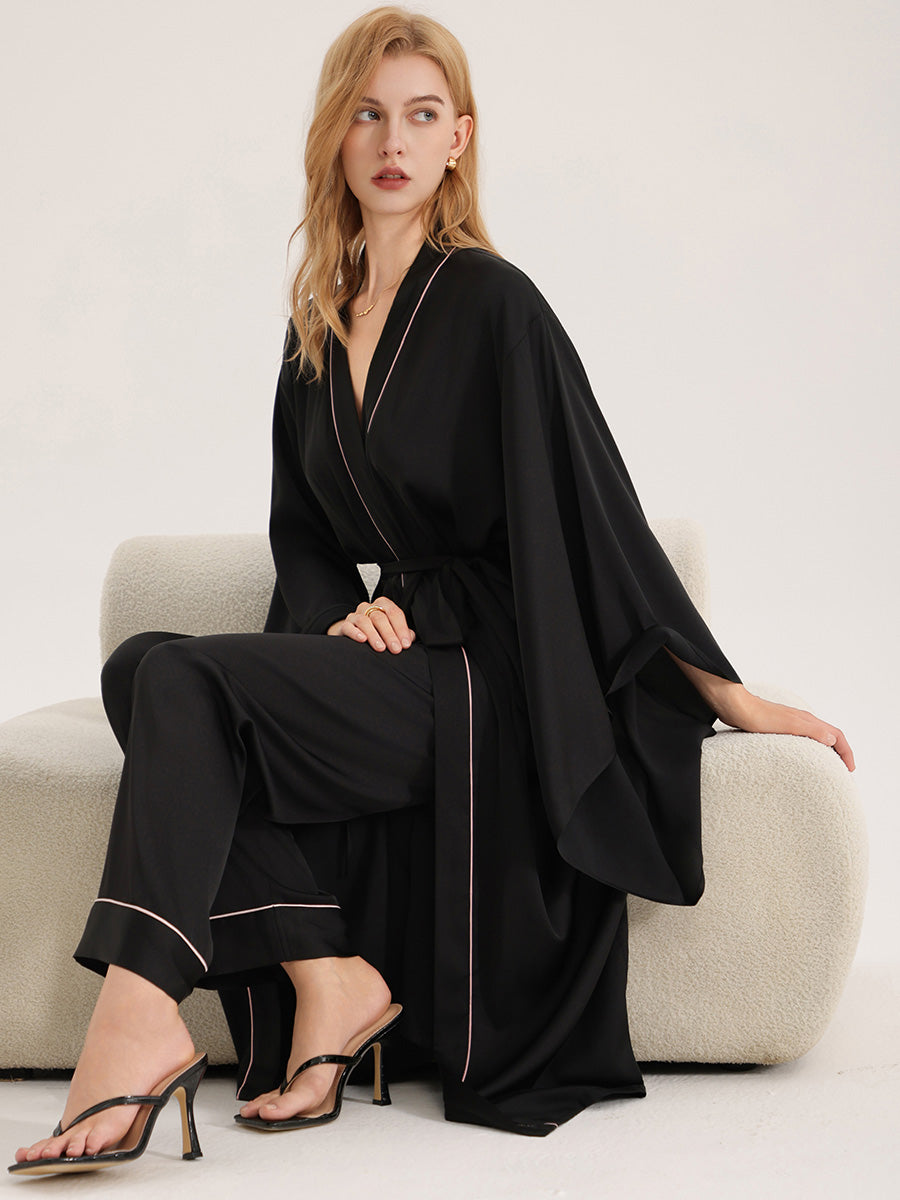Black Satin Robe with Pink Piping
