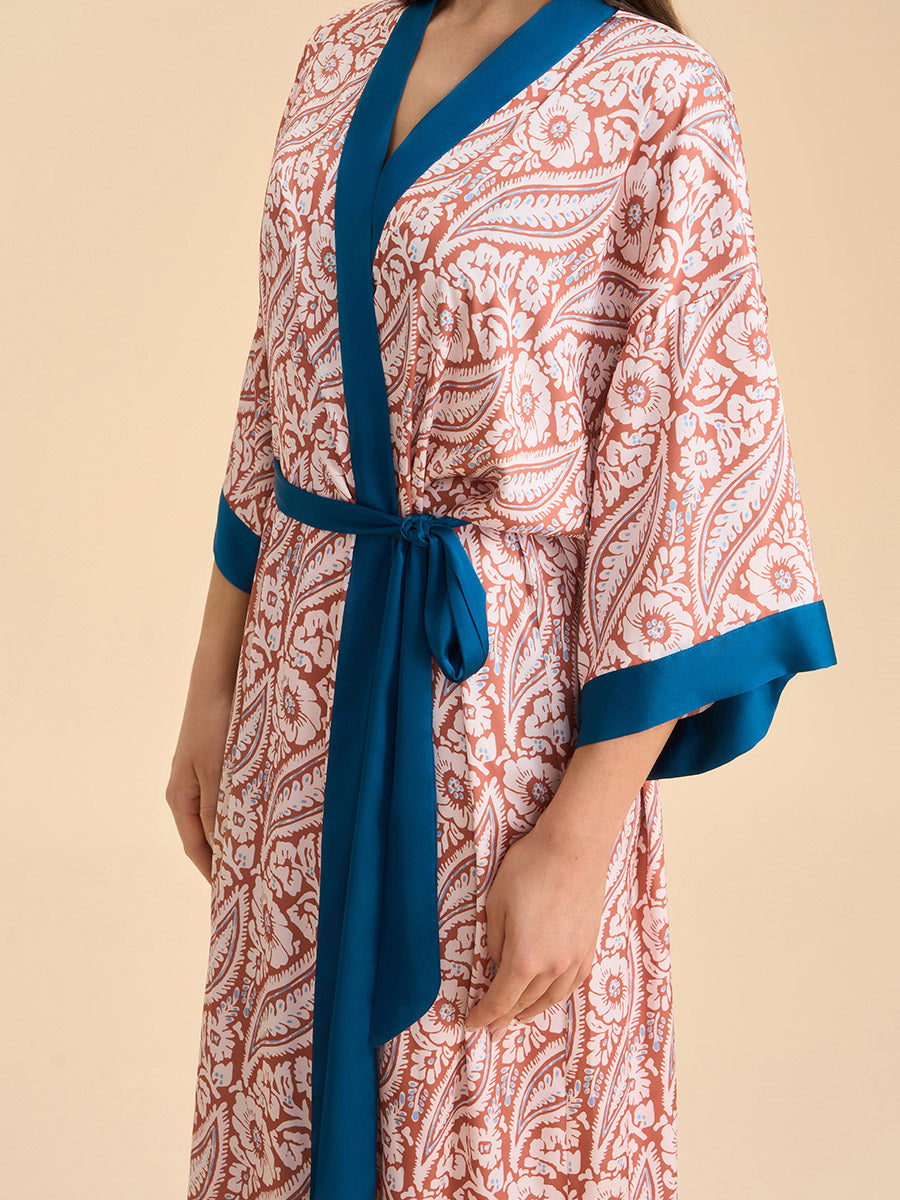Paisley Contrast Trim Satin Kimono Robe