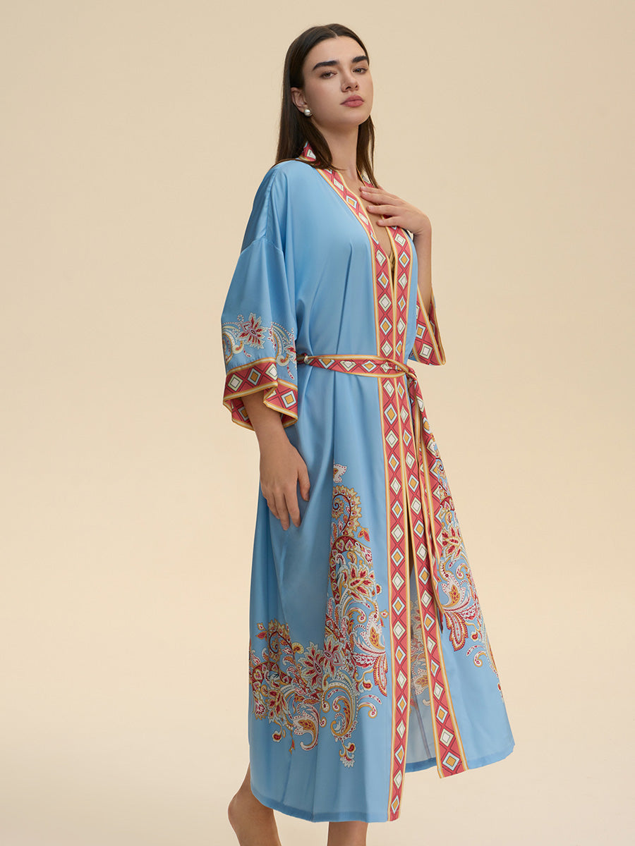 Sky Blue Paisley Satin Kimono Robe
