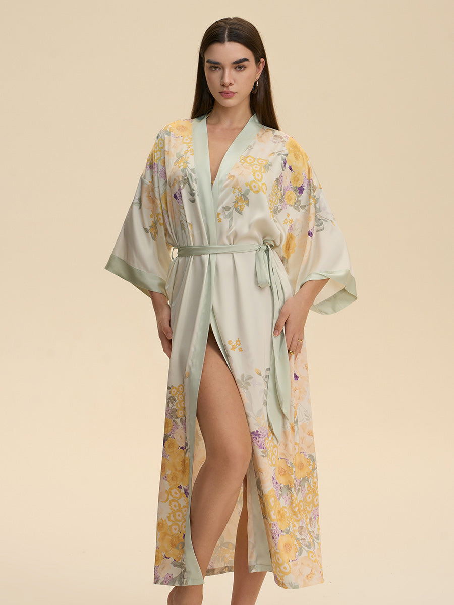 Floral Print Satin Kimono Robe