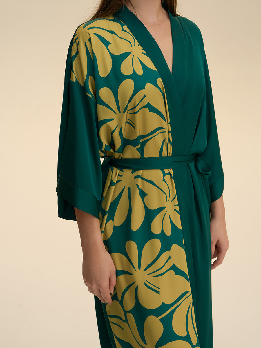 Colorblock Floral Satin Kimono Robe