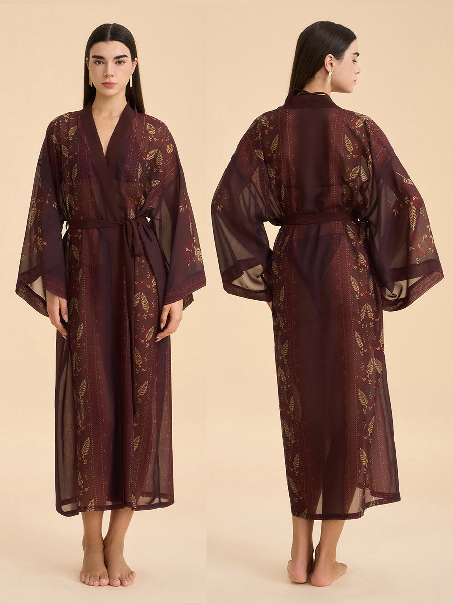 Plum Gold Leaf Sheer Kimono Robe