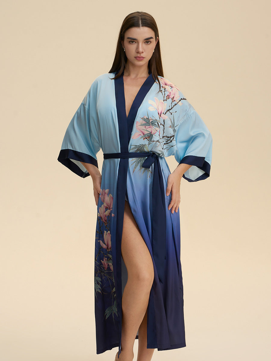Magnolia Print Ombre Satin Kimono Robe