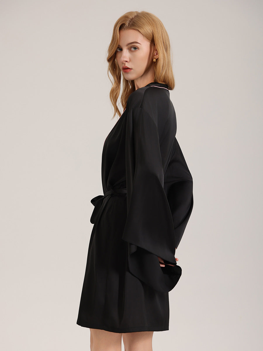 Black Satin Robe with Pink Piping