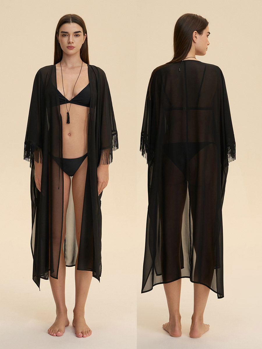 Fringe Trim Sheer Cover-Up Robe