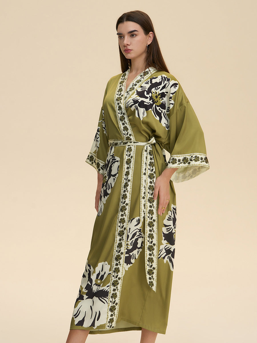 Olive Green Floral Satin Kimono Robe