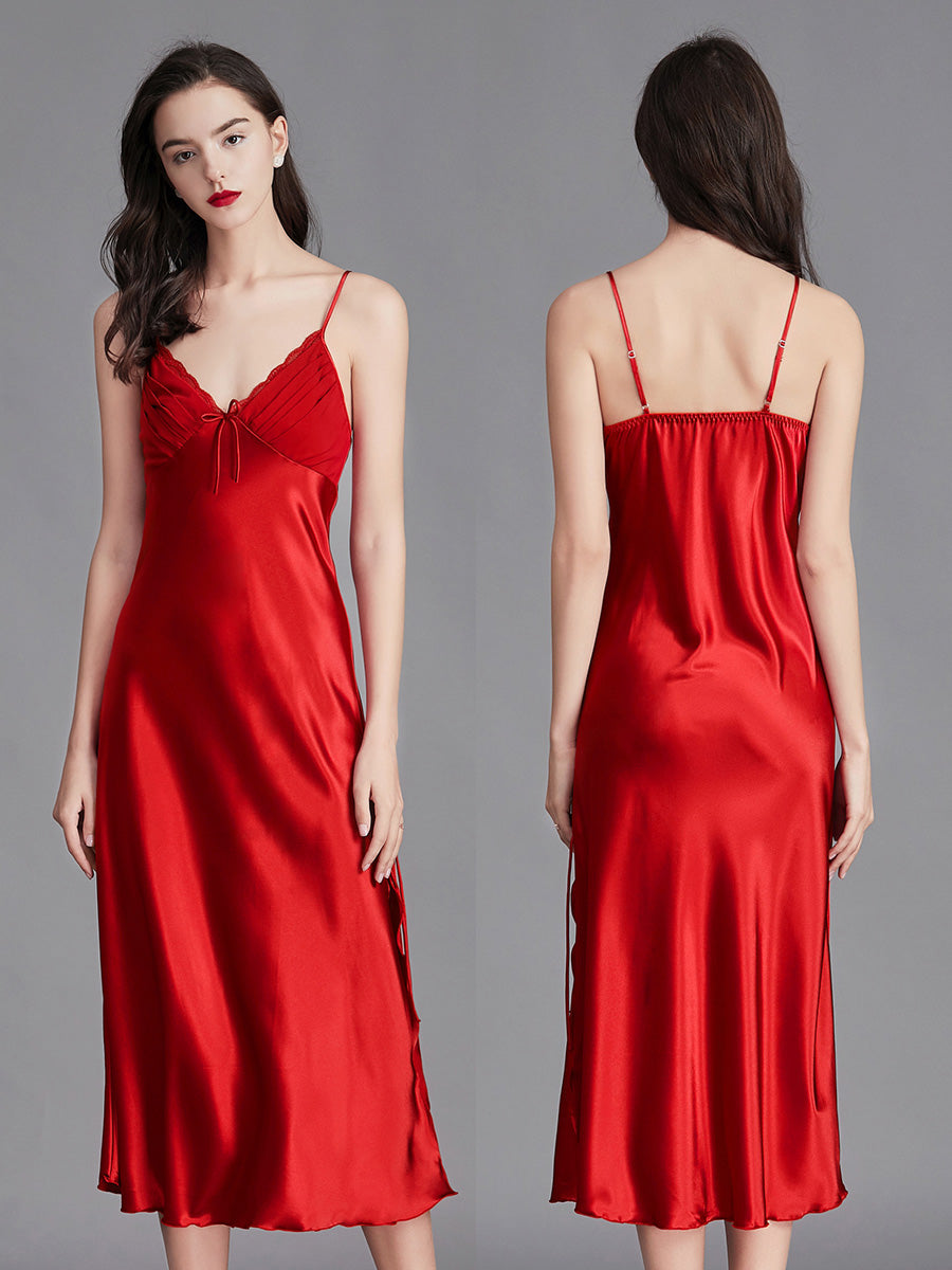 Red Silky Lace Trim Slip Dress