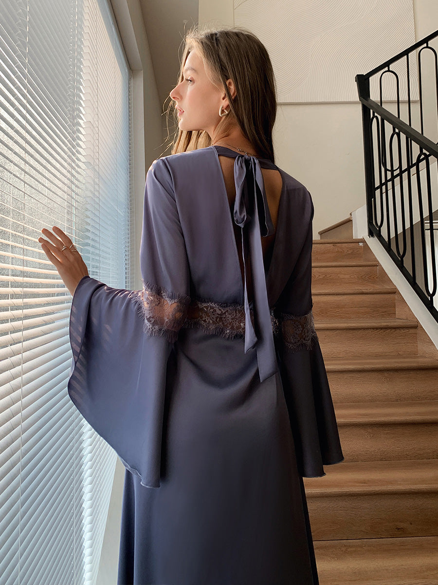 Dusty Blue Satin Chiffon Maxi Robe