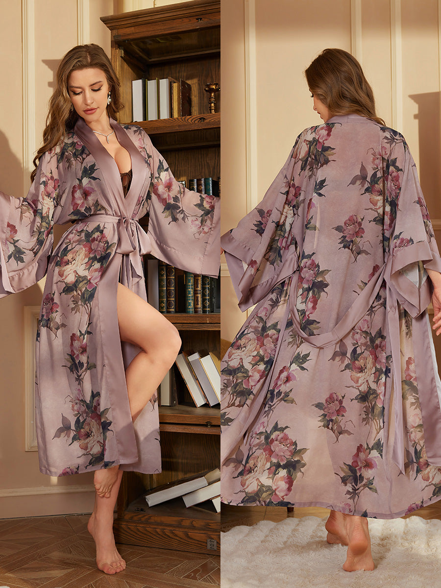Dusty Pink Floral Pearl Chiffon Kimono Robe