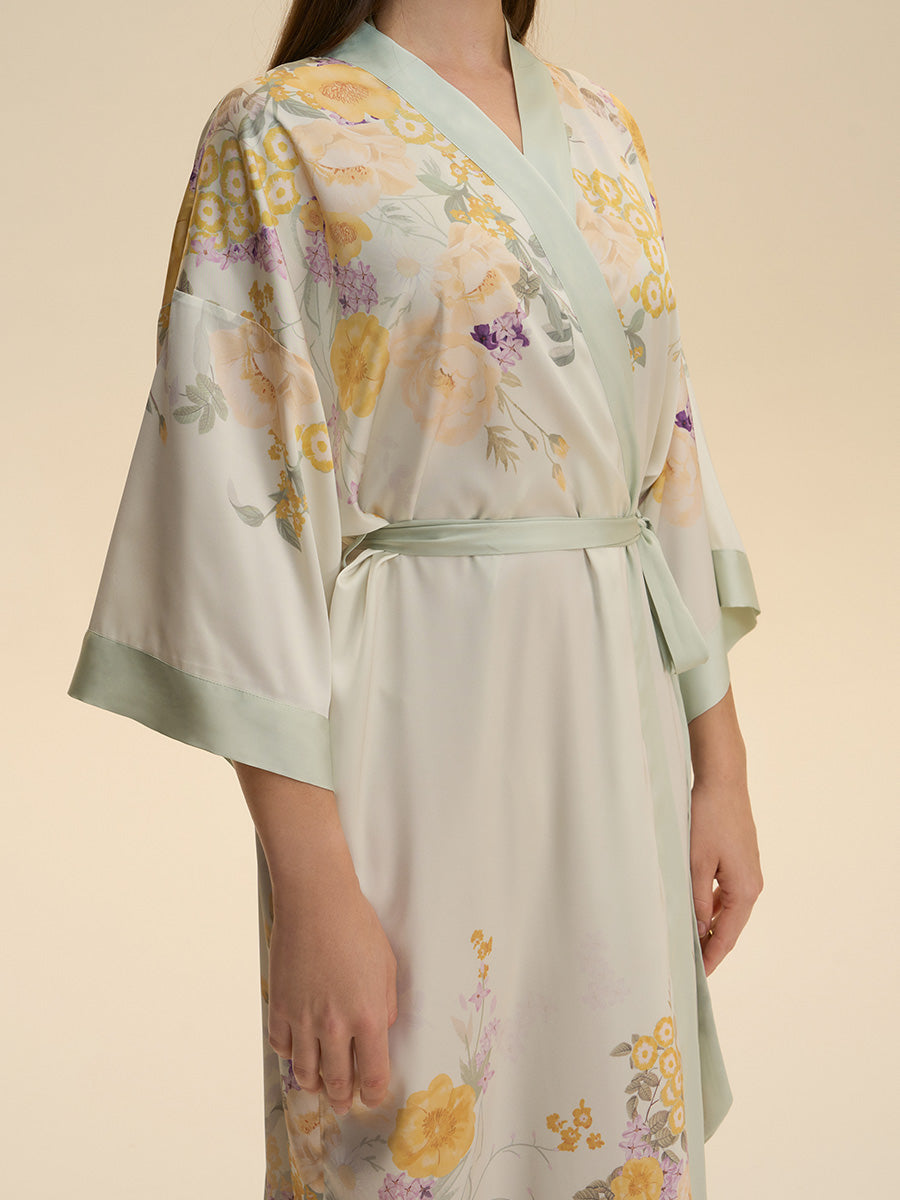 Floral Print Satin Kimono Robe