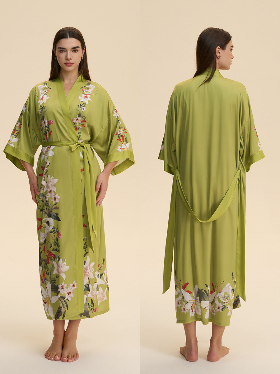 Lily Print Satin Kimono Robe