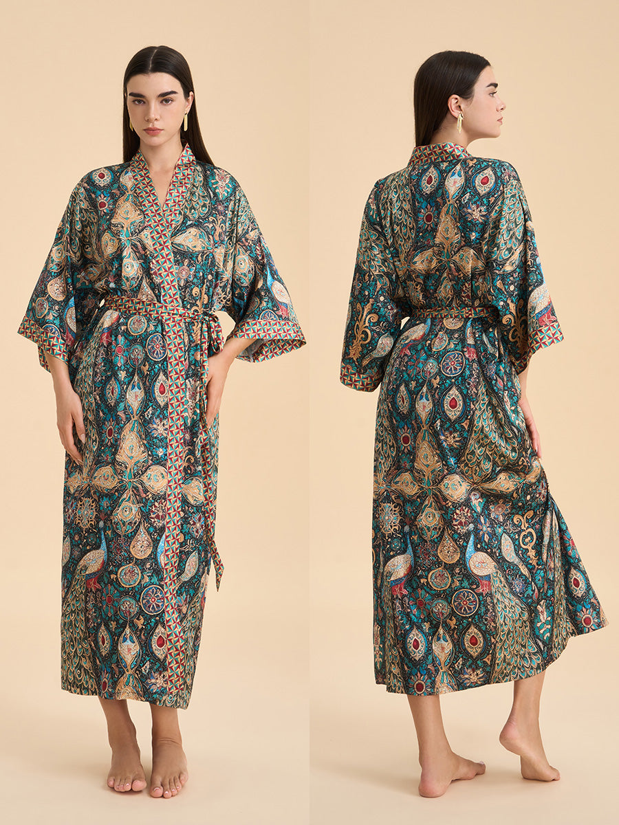 Peacock Print Satin Kimono Robe