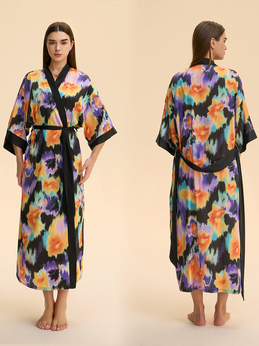 Tie-Dye Floral Satin Kimono Robe