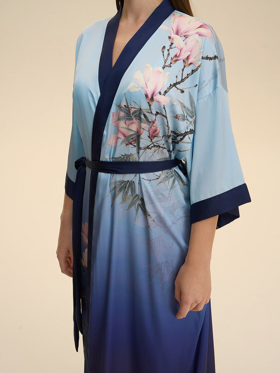Magnolia Print Ombre Satin Kimono Robe