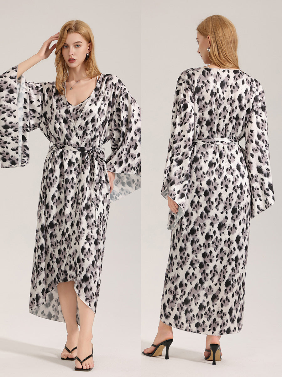 Leopard Print Satin Kimono Robe
