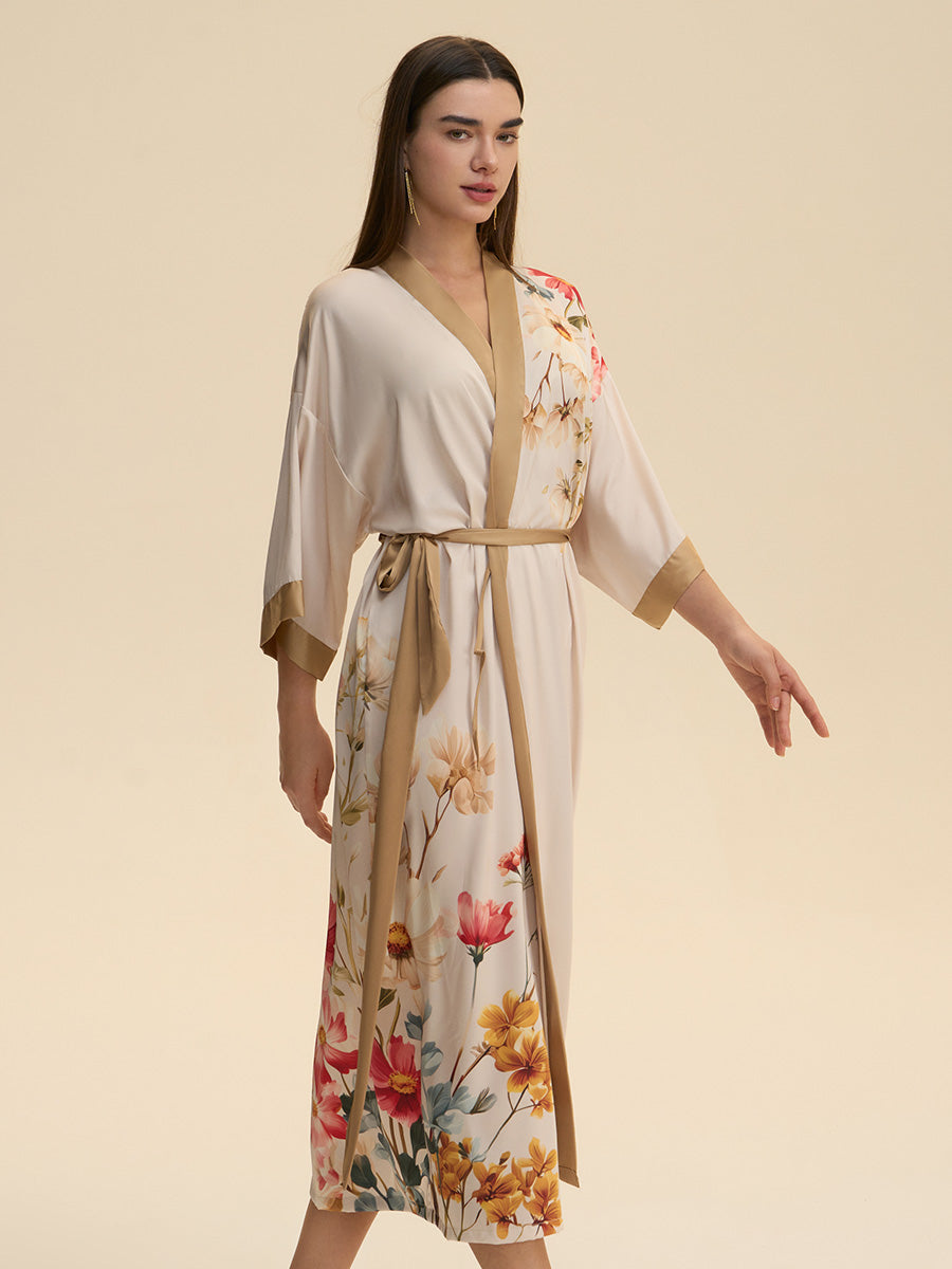 Floral Print Satin Kimono Robe