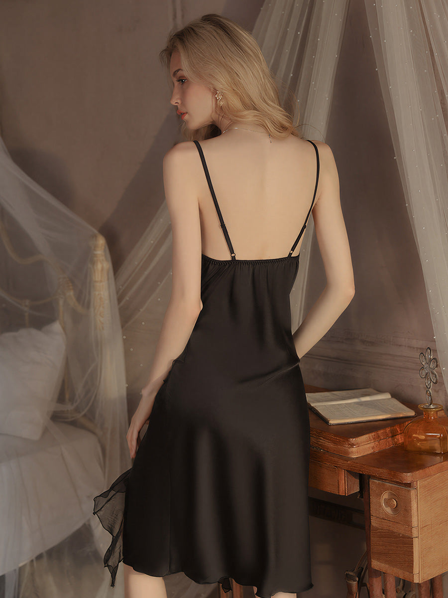 Black Feather Trim Luxury Satin Nightgown Set